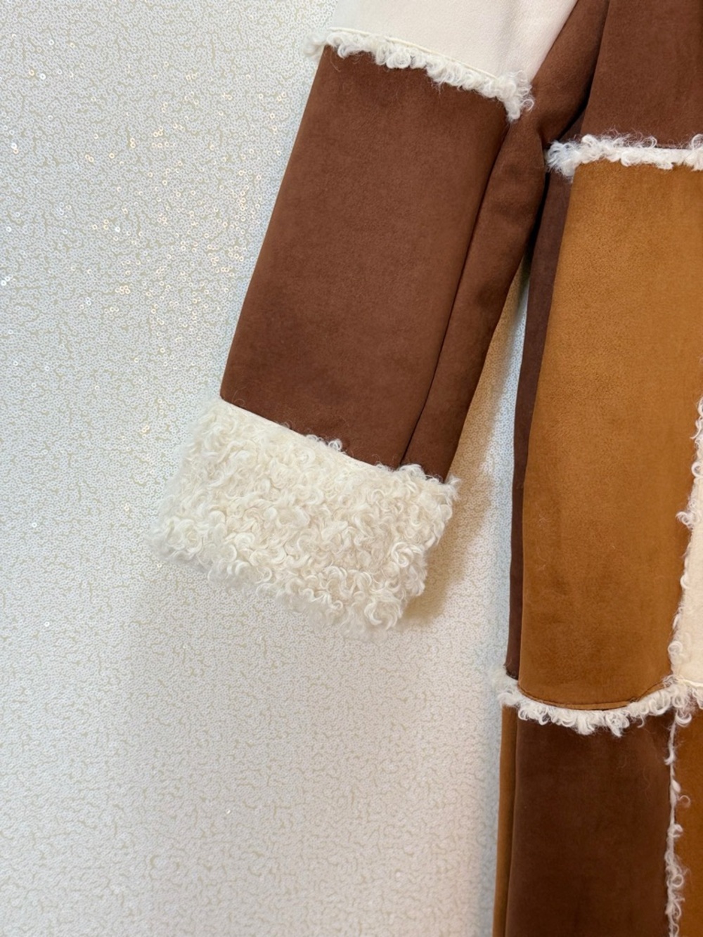 Azalea Wang Telluride Longline Patchwork Faux Shearling Coat Sherpa Boho Western - Picture 8 of 15
